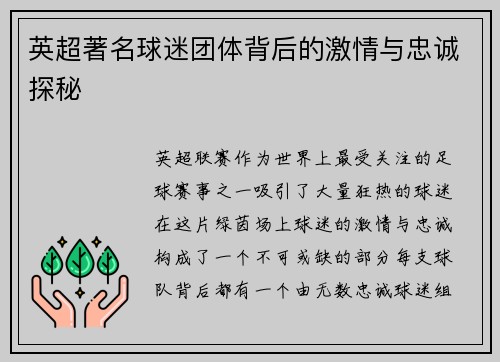英超著名球迷团体背后的激情与忠诚探秘