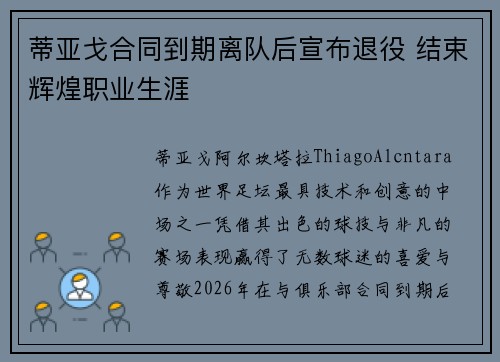 蒂亚戈合同到期离队后宣布退役 结束辉煌职业生涯