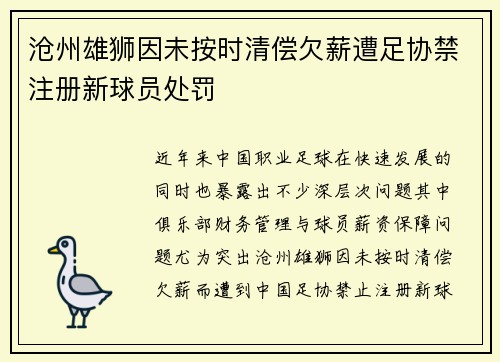 沧州雄狮因未按时清偿欠薪遭足协禁注册新球员处罚